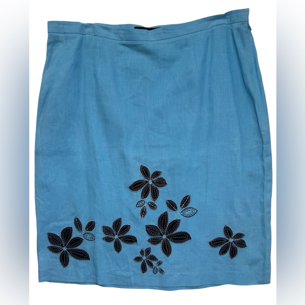 Madison Studio Women’s 100% Linen Teal Turquoise Blue Skirt Embroidered Floral